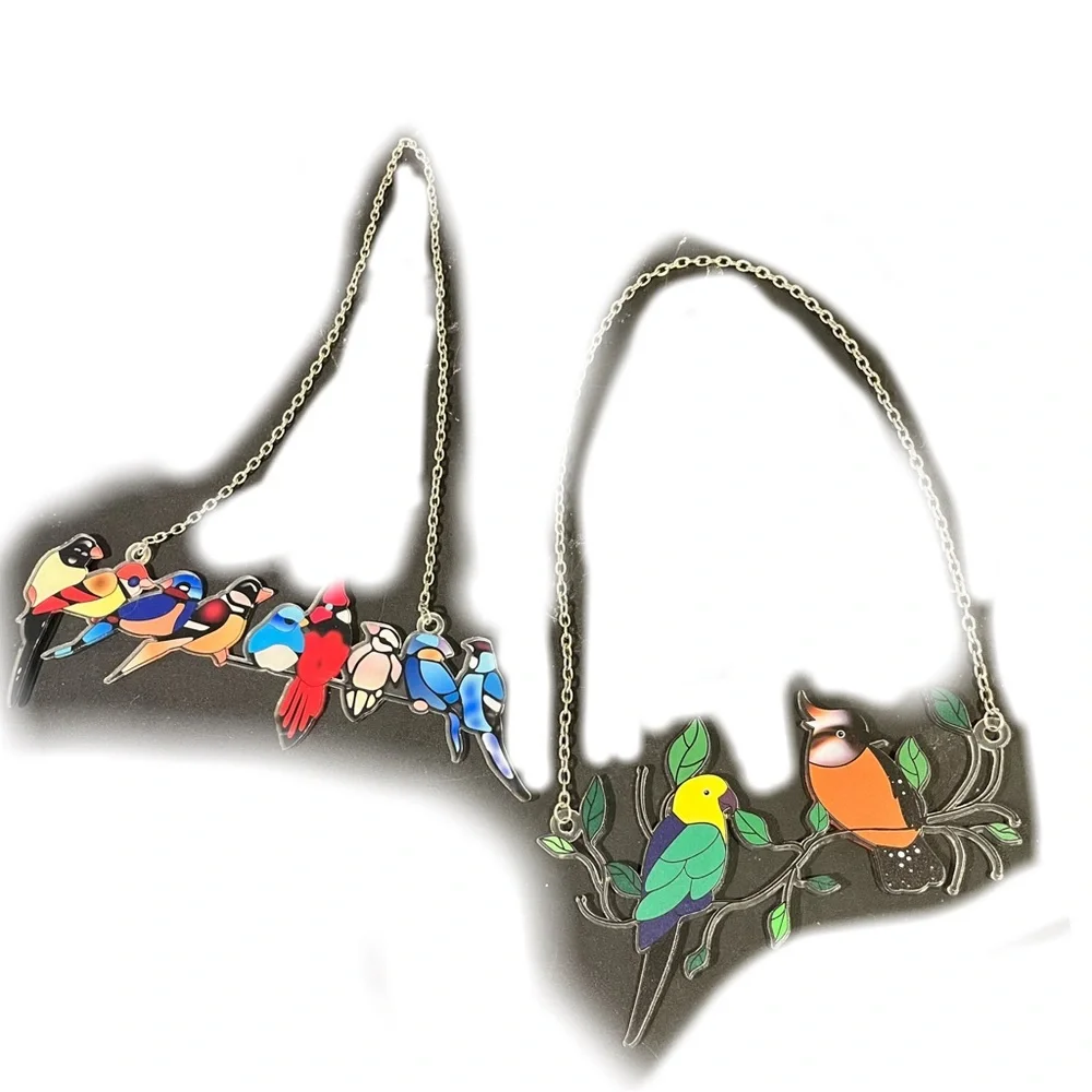 2 Piece Set of Wall Hanging Birds / Faux Stained Glass Look Effect w/ Chain